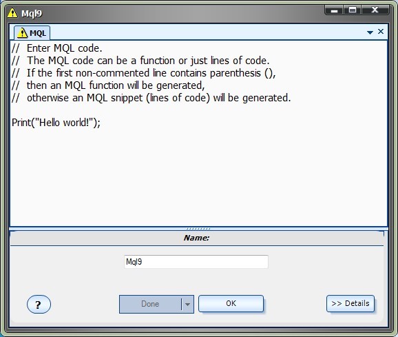 MQL Element with MQL code using function Print