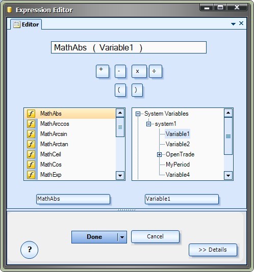 Expression Editor using MQL function MathAbs and MathExp